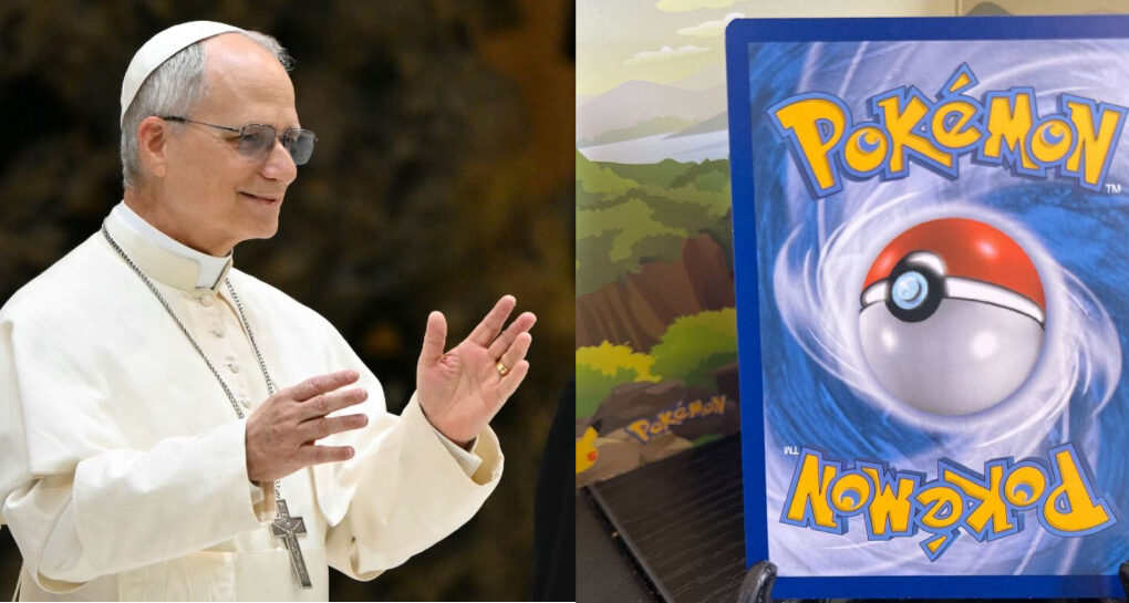Papa firma una carta de Pokémon